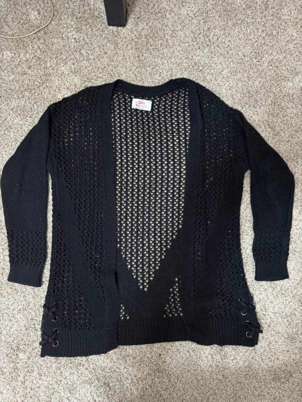 Justice Girls Open Front Cardigan Sweater Size 8 Black Crochet Lace Up Detail